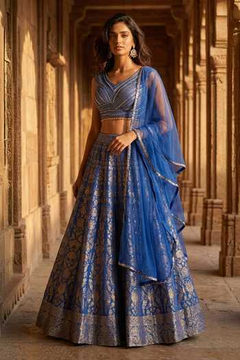 Basanti Kapde aur Koffee Blue V-neck Flower Woven Lehenga Set at Aza Fashions Basanti Kapde aur Koffee_Blue V-neck Flower Woven Lehenga Set _at_Aza_Fashions