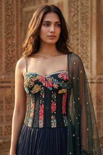 Basanti Kapde aur Koffee_Black Georgette Sequins, Beads, Mirrors Sweetheart Neck Floral Print Lehenga Set _Online_at_Aza_Fashions