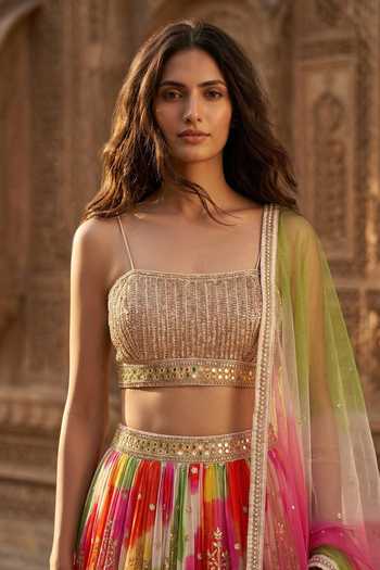 Buy Basanti Kapde aur Koffee Gold Georgette Sweetheart Neck Printed Lehenga Blouse Set Online at Aza Fashions Buy_Basanti Kapde aur Koffee_Gold Georgette Sweetheart Neck Printed Lehenga Blouse Set _Online_at_Aza_Fashions