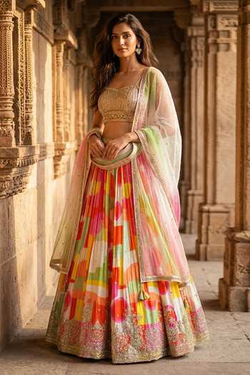 Basanti Kapde aur Koffee Printed Lehenga Blouse Set 