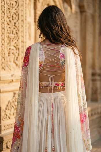 Basanti Kapde aur Koffee Ivory Georgette V-neck Embroidered Blouse Lehenga Set Online at Aza Fashions Basanti Kapde aur Koffee_Ivory Georgette V-neck Embroidered Blouse Lehenga Set _Online_at_Aza_Fashions