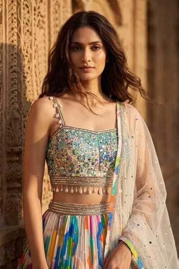 Basanti Kapde aur Koffee Multi Color Georgette Square Neck Abstract Print Lehenga Set Online at Aza Fashions Basanti Kapde aur Koffee_Multi Color Georgette Square Neck Abstract Print Lehenga Set _Online_at_Aza_Fashions