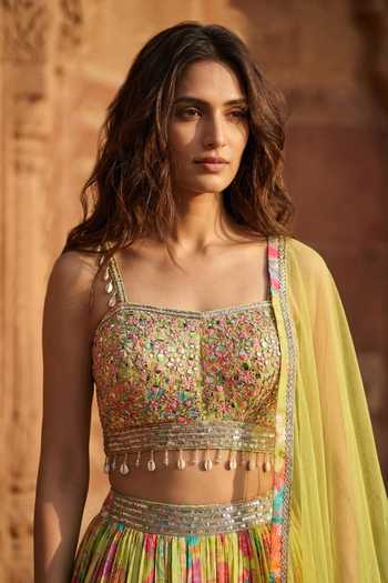 Buy Basanti Kapde aur Koffee Green Crepe Square Neck Embroidered And Printed Lehenga Set Online at Aza Fashions Buy_Basanti Kapde aur Koffee_Green Crepe Square Neck Embroidered And Printed Lehenga Set _Online_at_Aza_Fashions
