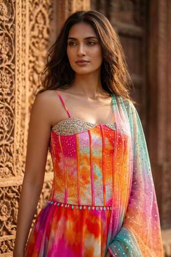 Buy Basanti Kapde aur Koffee Multi Color Crepe Sequins, Stones, Mirrors Sweetheart Work Blouse Lehenga Set Online at Aza Fashions Buy_Basanti Kapde aur Koffee_Multi Color Crepe Sequins, Stones, Mirrors Sweetheart Work Blouse Lehenga Set _Online_at_Aza_Fashions