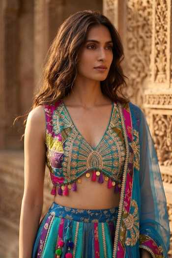 Basanti Kapde aur Koffee_Blue Silk V-neck Colorblock Woven Lehenga Set _Online_at_Aza_Fashions