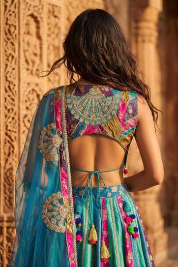 Shop_Basanti Kapde aur Koffee_Blue Silk V-neck Colorblock Woven Lehenga Set _Online_at_Aza_Fashions