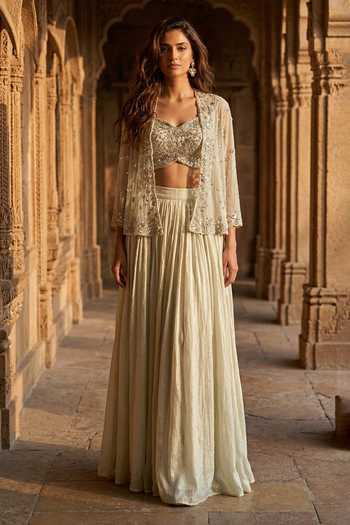 Basanti Kapde aur Koffee Embroidered Jacket Lehenga Set 