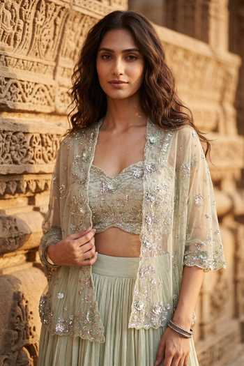 Buy Basanti Kapde aur Koffee Blue Georgette Sweetheart , Open Embroidered Jacket Lehenga Set Online at Aza Fashions Buy_Basanti Kapde aur Koffee_Blue Georgette Sweetheart , Open Embroidered Jacket Lehenga Set _Online_at_Aza_Fashions