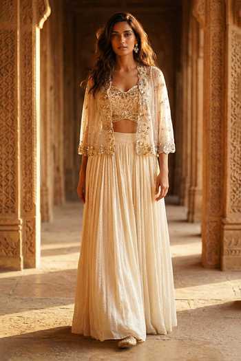 Basanti Kapde aur Koffee Embroidered Jacket Lehenga Set 
