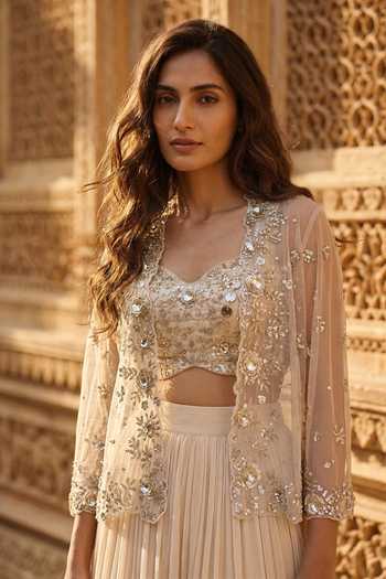 Basanti Kapde aur Koffee_Peach Georgette Sweetheart , Open Embroidered Jacket Lehenga Set _Online_at_Aza_Fashions