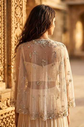 Buy_Basanti Kapde aur Koffee_Peach Georgette Sweetheart , Open Embroidered Jacket Lehenga Set _Online_at_Aza_Fashions