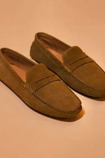 Dmodot Olive Green Classico Suede Loafers Online at Aza Fashions Dmodot_Olive Green Classico Suede Loafers _Online_at_Aza_Fashions