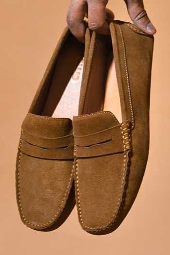 Shop Dmodot Olive Green Classico Suede Loafers Online at Aza Fashions Shop_Dmodot_Olive Green Classico Suede Loafers _Online_at_Aza_Fashions