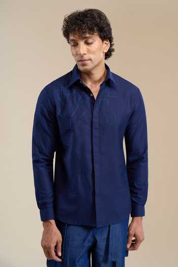 Line Out Line_Blue Fragmented Embroidered Shirt _at_Aza_Fashions