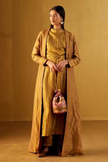 Buy_Shorshe Clothing_Gold Handloom Cotton, Satin Shawl Neck Afghan Tissue Jacket 