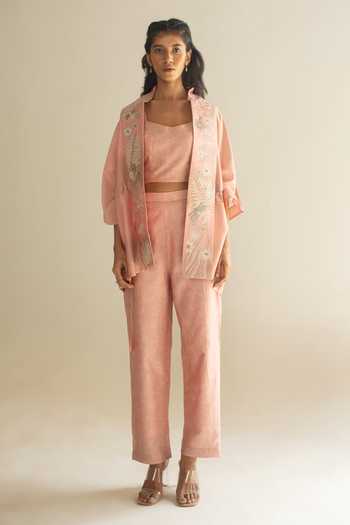 Oja_Peach Chanderi Silk, Chanderi, Handloom Floral Collar Open Shirt Pant Set _Online_at_Aza_Fashions