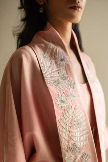 Buy_Oja_Peach Chanderi Silk, Chanderi, Handloom Floral Collar Open Shirt Pant Set _Online_at_Aza_Fashions