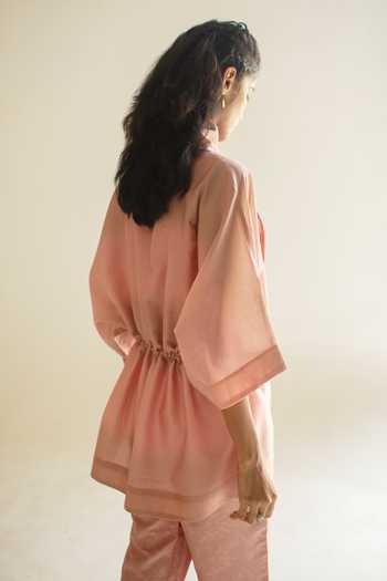 Shop_Oja_Peach Chanderi Silk, Chanderi, Handloom Floral Collar Open Shirt Pant Set _Online_at_Aza_Fashions