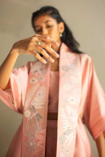 Oja_Peach Chanderi Silk, Chanderi, Handloom Floral Collar Open Shirt Pant Set _at_Aza_Fashions