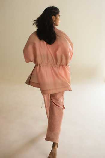 Shop_Oja_Peach Chanderi Silk, Chanderi, Handloom Floral Collar Open Shirt Pant Set 