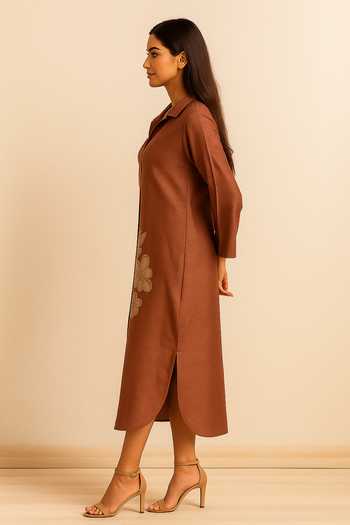 Nikita Vishakha_Brown Silk Collared Neck Modern Patchwork Embroidered Dress _Online_at_Aza_Fashions