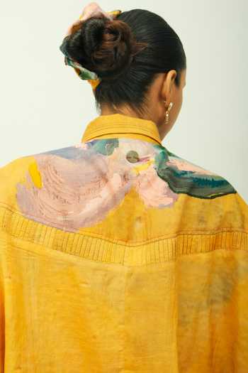 Shop OFRIDA Mustard Collared Sol Dobby Pleated And Abstract Print Shirt at Aza Fashions Shop_OFRIDA_Mustard Collared Sol Dobby Pleated And Abstract Print Shirt _at_Aza_Fashions