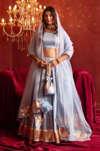 Buy_Pomcha Jaipur_Blue Organza Round Neck Gota Patti Classic Lehenga Set 