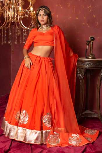 Shop_Pomcha Jaipur_Orange Organza Sweetheart Neck Gota Patti Hand Work Lehenga Set 