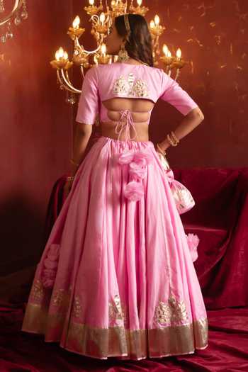 Pomcha Jaipur Pink Organza Round Neck Gota Patti Hand Work Lehenga Set Online at Aza Fashions Pomcha Jaipur_Pink Organza Round Neck Gota Patti Hand Work Lehenga Set _Online_at_Aza_Fashions