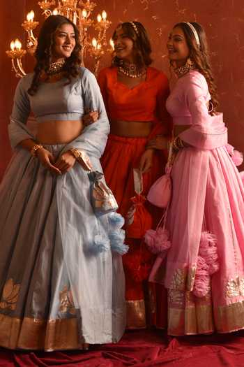 Shop_Pomcha Jaipur_Pink Organza Round Neck Gota Patti Hand Work Lehenga Set _Online_at_Aza_Fashions