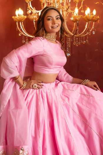 Buy Pomcha Jaipur Pink Organza Round Neck Gota Patti Hand Work Lehenga Set Buy_Pomcha Jaipur_Pink Organza Round Neck Gota Patti Hand Work Lehenga Set
