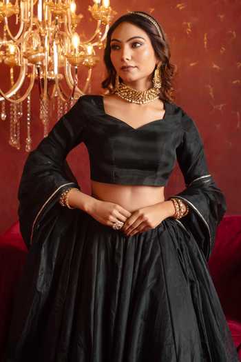 Shop Pomcha Jaipur Black Organza Sweetheart Neck Lotus Motif Lehenga Set Online at Aza Fashions Shop_Pomcha Jaipur_Black Organza Sweetheart Neck Lotus Motif Lehenga Set _Online_at_Aza_Fashions