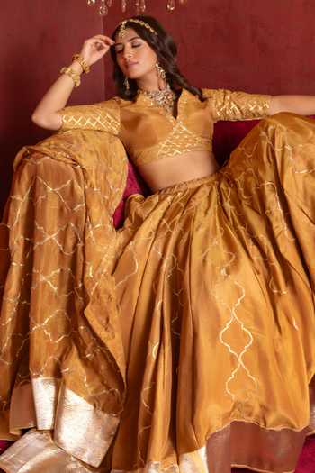 Shop Pomcha Jaipur Yellow Silk V-neck Gota Patti Work Lehenga Set Shop_Pomcha Jaipur_Yellow Silk V-neck Gota Patti Work Lehenga Set