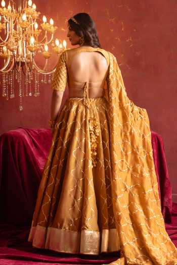 Pomcha Jaipur Yellow Silk V-neck Gota Patti Work Lehenga Set Online at Aza Fashions Pomcha Jaipur_Yellow Silk V-neck Gota Patti Work Lehenga Set _Online_at_Aza_Fashions