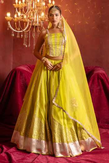 Buy_Pomcha Jaipur_Yellow Organza Square Neck Gota Patti Work Lehenga Blouse Set _Online_at_Aza_Fashions