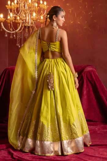 Pomcha Jaipur_Yellow Organza Square Neck Gota Patti Work Lehenga Blouse Set _Online_at_Aza_Fashions