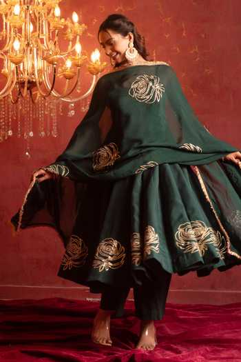 Buy Pomcha Jaipur Green Organza Square Neck Gota Patti Work Anarkali Set Buy_Pomcha Jaipur_Green Organza Square Neck Gota Patti Work Anarkali Set