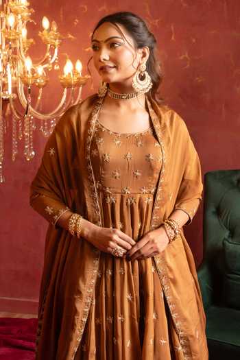Shop Pomcha Jaipur Brown Organza Round Neck Zardozi Embroidered Anarkali Set Online at Aza Fashions Shop_Pomcha Jaipur_Brown Organza Round Neck Zardozi Embroidered Anarkali Set _Online_at_Aza_Fashions