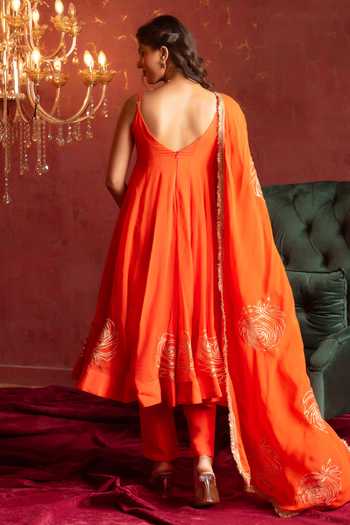 Pomcha Jaipur Orange Organza Round Neck Gota Patti Work Anarkali Set Online at Aza Fashions Pomcha Jaipur_Orange Organza Round Neck Gota Patti Work Anarkali Set _Online_at_Aza_Fashions