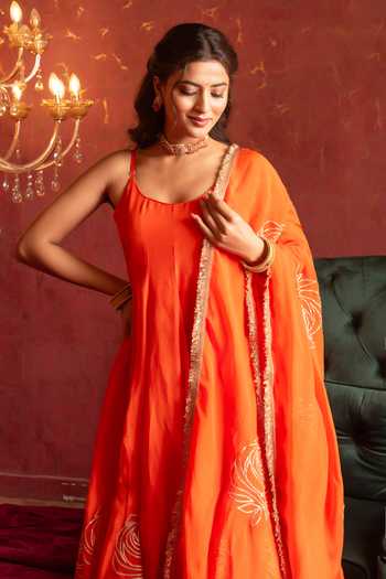 Buy Pomcha Jaipur Orange Organza Round Neck Gota Patti Work Anarkali Set Buy_Pomcha Jaipur_Orange Organza Round Neck Gota Patti Work Anarkali Set
