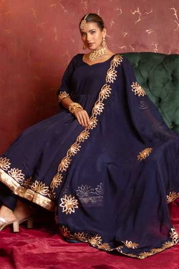 Shop Pomcha Jaipur Blue Organza Sweetheart Neck Gota Patti Embroidered Anarkali Set Online at Aza Fashions Shop_Pomcha Jaipur_Blue Organza Sweetheart Neck Gota Patti Embroidered Anarkali Set _Online_at_Aza_Fashions