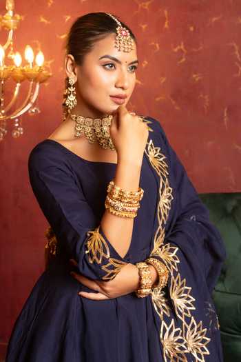 Buy Pomcha Jaipur Blue Organza Sweetheart Neck Gota Patti Embroidered Anarkali Set Buy_Pomcha Jaipur_Blue Organza Sweetheart Neck Gota Patti Embroidered Anarkali Set