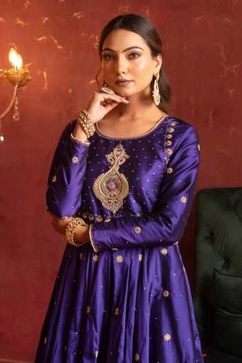 Shop Pomcha Jaipur Purple Taffeta, Organza Round Neck Zardozi Embroidered Anarkali Set Online at Aza Fashions Shop_Pomcha Jaipur_Purple Taffeta, Organza Round Neck Zardozi Embroidered Anarkali Set _Online_at_Aza_Fashions