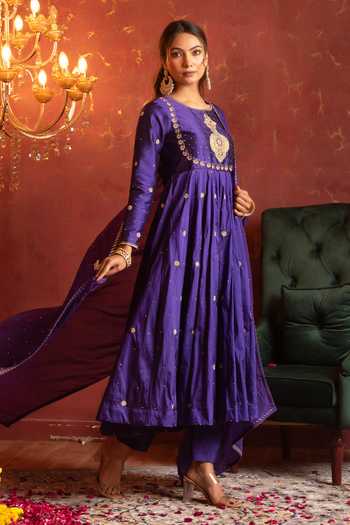 Pomcha Jaipur Purple Taffeta, Organza Round Neck Zardozi Embroidered Anarkali Set at Aza Fashions Pomcha Jaipur_Purple Taffeta, Organza Round Neck Zardozi Embroidered Anarkali Set _at_Aza_Fashions