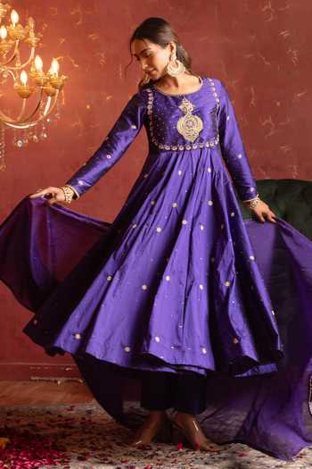Buy Pomcha Jaipur Purple Taffeta, Organza Round Neck Zardozi Embroidered Anarkali Set Buy_Pomcha Jaipur_Purple Taffeta, Organza Round Neck Zardozi Embroidered Anarkali Set
