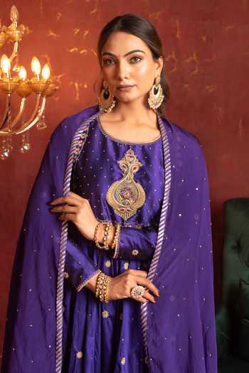 Shop Pomcha Jaipur Purple Taffeta, Organza Round Neck Zardozi Embroidered Anarkali Set Shop_Pomcha Jaipur_Purple Taffeta, Organza Round Neck Zardozi Embroidered Anarkali Set