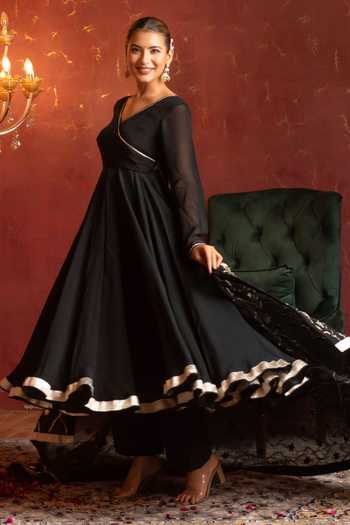 Buy Pomcha Jaipur Black Organza V-neck Gota Patti Work Anarkali Set Online at Aza Fashions Buy_Pomcha Jaipur_Black Organza V-neck Gota Patti Work Anarkali Set _Online_at_Aza_Fashions