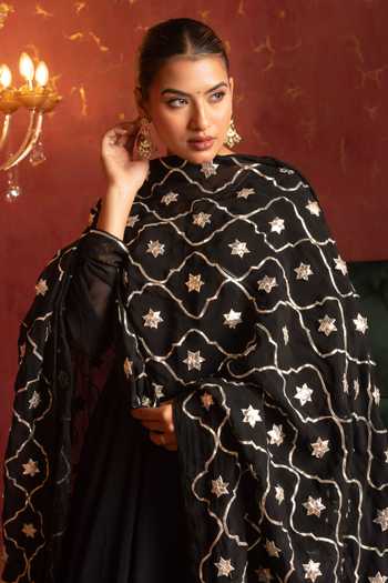 Pomcha Jaipur Black Organza V-neck Gota Patti Work Anarkali Set at Aza Fashions Pomcha Jaipur_Black Organza V-neck Gota Patti Work Anarkali Set _at_Aza_Fashions
