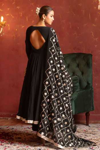 Shop Pomcha Jaipur Black Organza V-neck Gota Patti Work Anarkali Set at Aza Fashions Shop_Pomcha Jaipur_Black Organza V-neck Gota Patti Work Anarkali Set _at_Aza_Fashions