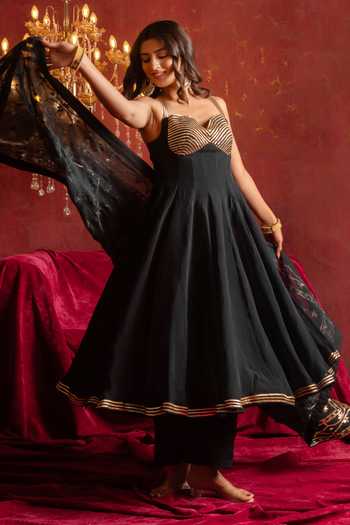 Buy Pomcha Jaipur Black Organza Sweetheart Neck Gota Patti Work Anarkali Set Buy_Pomcha Jaipur_Black Organza Sweetheart Neck Gota Patti Work Anarkali Set